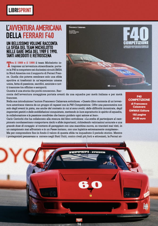 Autosprint magazine page with review of the F40 Competizione book and photo of the Ferrari F40 number 60