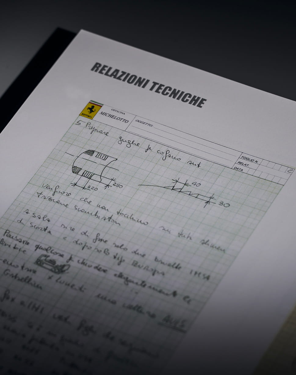 Handwritten technical sheet from Officina Michelotto with Ferrari F40 drawings and measurements