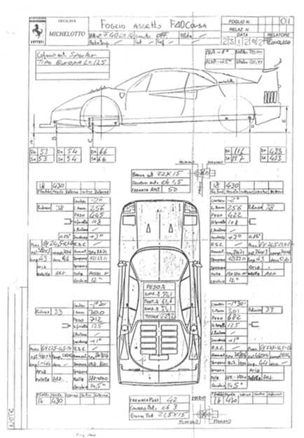 Original setup sheet from Officina Michelotto with technical diagrams and parameters of the Ferrari F40 race car