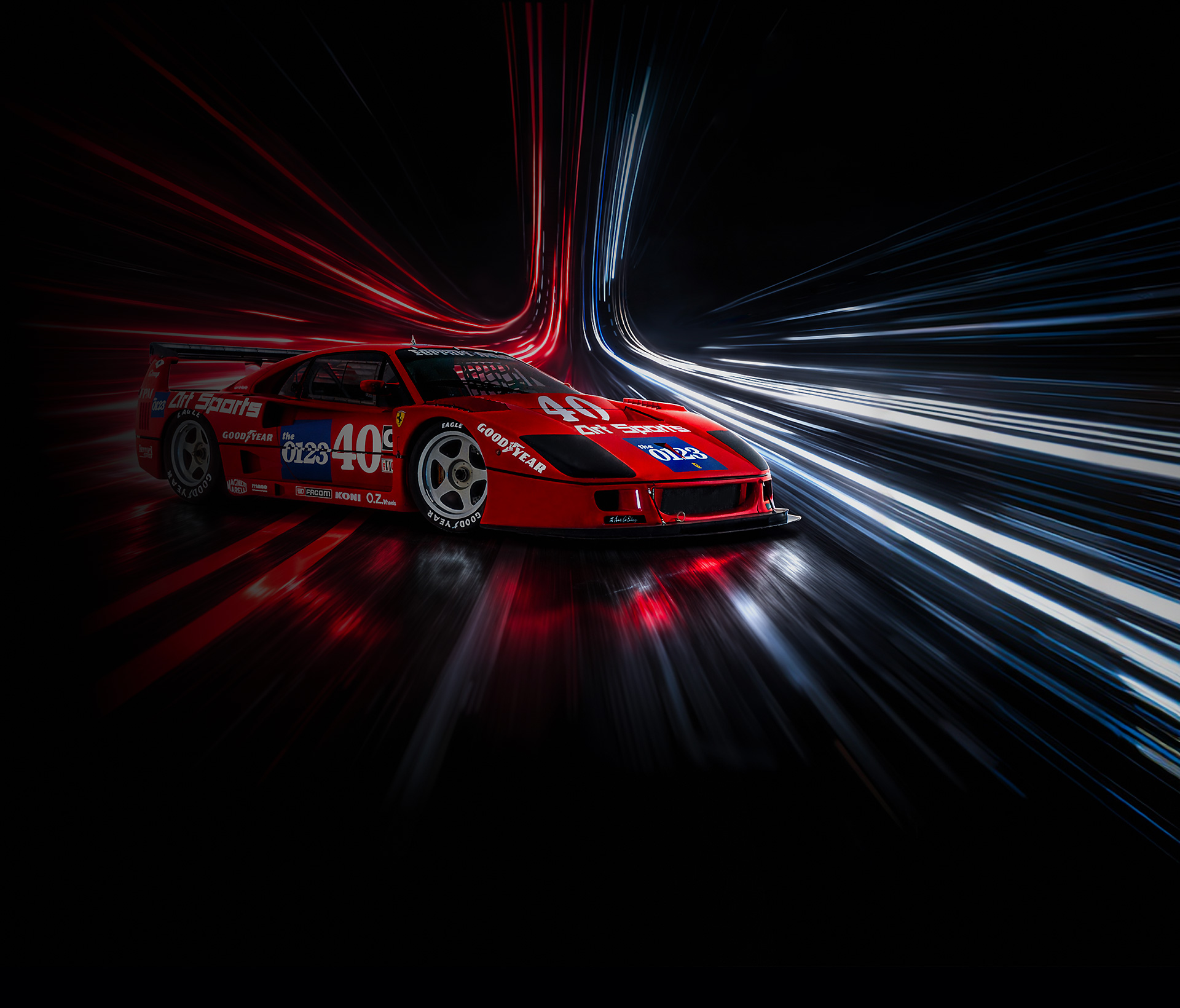Ferrari F40 Competizione number 40 Art Sports with red and white light trails on black background